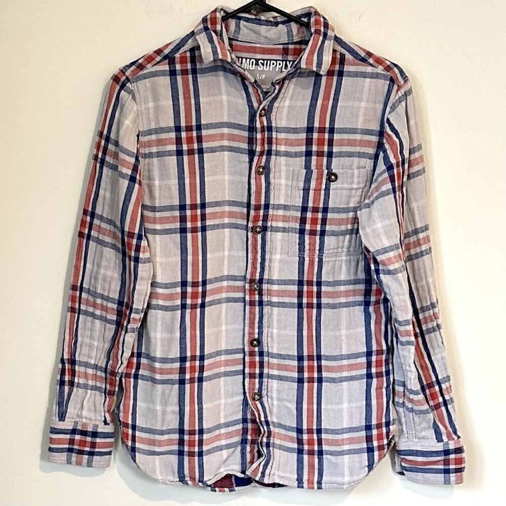 Red White Blue Flannel Button Up Long Sleeve Shirt - Small
